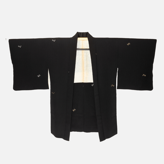 Vintage Black Haori (Kimono Jacket) Embroidered with Gold and Silver Swirls