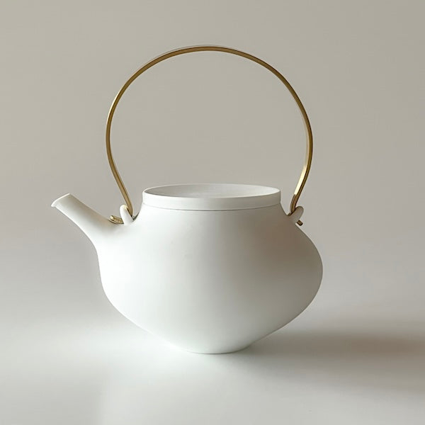 Large Brass Handle White Dobin Teapot