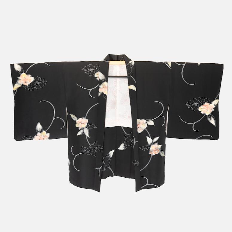 Vintage Black Haori Kimono Jacket with Cream orange flowers