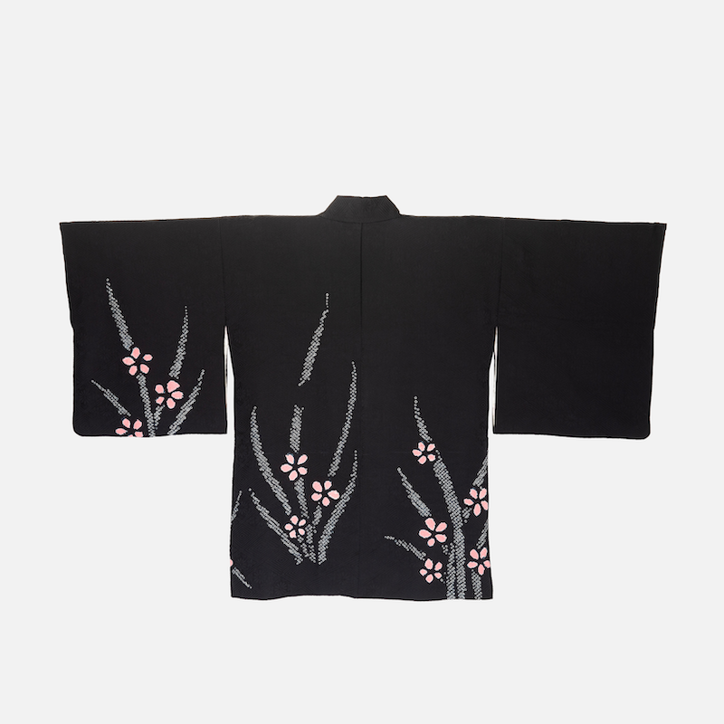 Vintage Black Haori (Kimono Jacket) with Pink shibori Japanese anemones