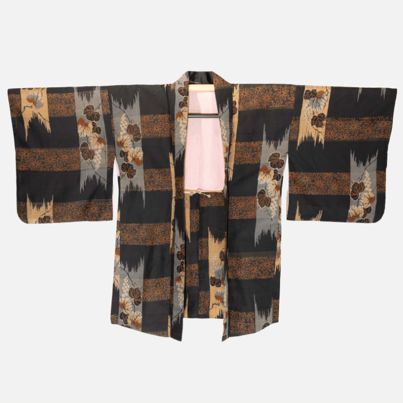 Black Vintage Haori Jacket with Flowers and Vines