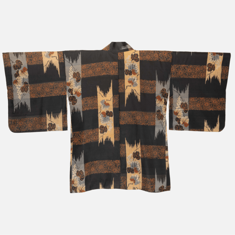 Black Vintage Haori Jacket with Flowers and Vines