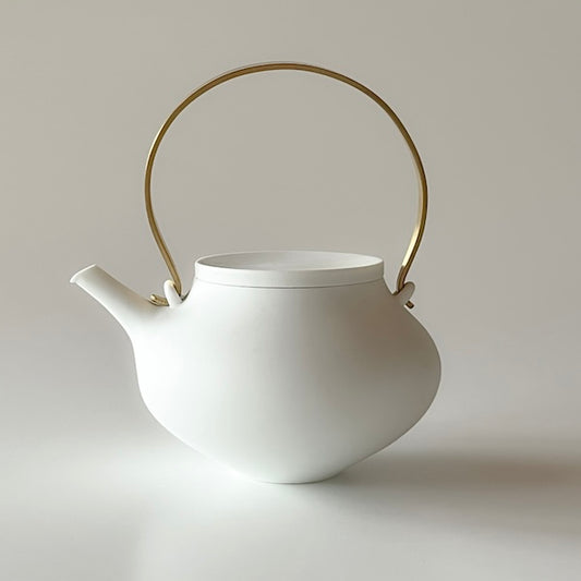 Large Brass Handle White Dobin Teapot